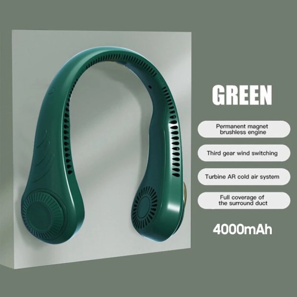 Hängande halsfläkt Bärbar kylfläkt USB Leafless 4000Mah Uppladdningsbar minifläkt 360 graders nackbandsfläkt 78 surroundluftuttag Green use 6 hours
