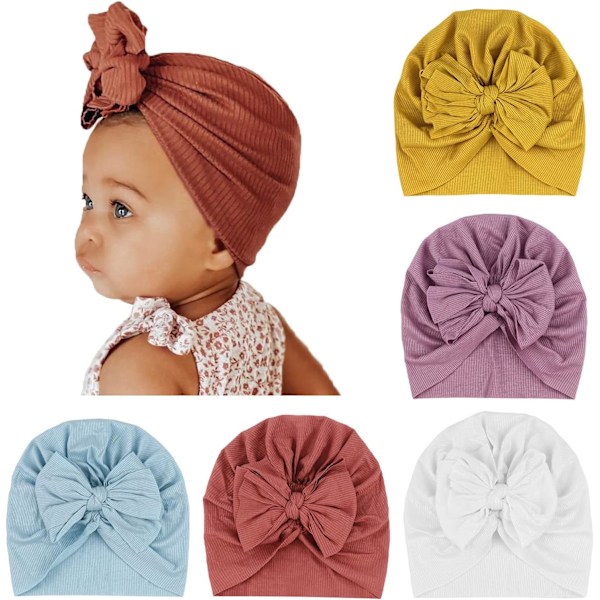 5-pakks Baby Turban Hater - Myke Knott Baby Beanies for Jenter og Småbarn 5 Pack Bow Set-62 / 3-24 Months