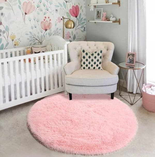 Rundt teppe, myk, luftig 4 cm lugg med gummibakside, for barnerom og lekerom, grå, 1,2 x 1,2 m