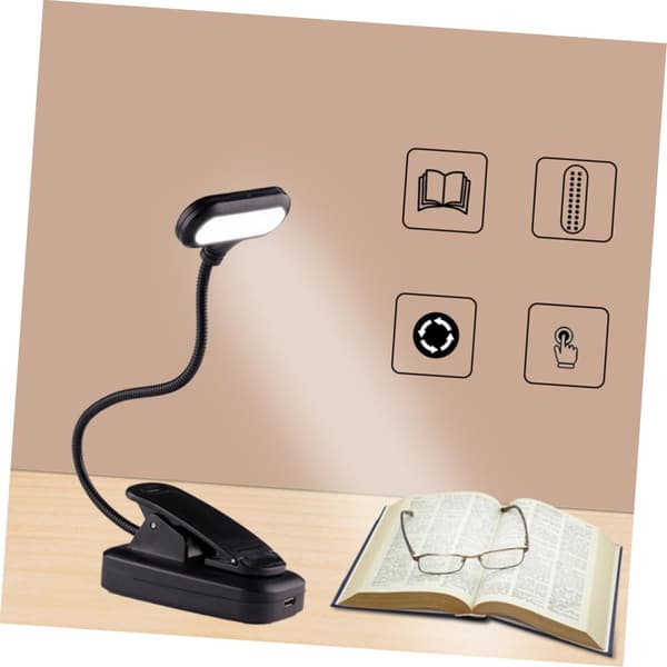 LED-boklys, USB oppladbart, 3-nivå dimming, 360° roterbart, magnetisk base og klips, for nattbord, reise, camping, svart
