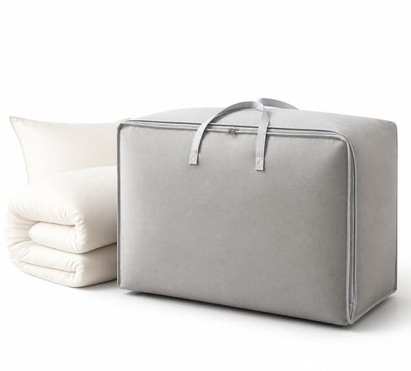 Stor oppbevaringspose, bomull lin Oxford-organisator for klær, puter og sengetøy, soveromsoppbevaring, 100 L, grå, 70 x 50 x 26 cm