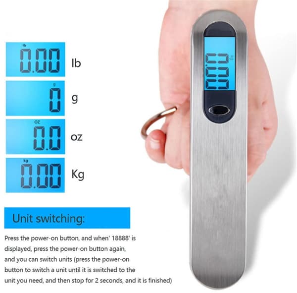 Digital bagagevægt, bærbar ABS og rustfrit stål, 50 kg kapacitet, LCD-display, fire enheder, til rejser, sølv