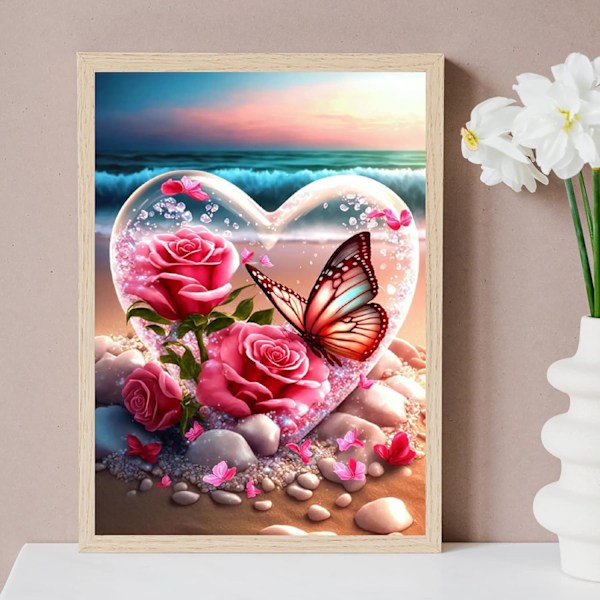Blomster Hjerte Diamantmalingsett, 5D DIY Full Drill Havsstrand Fjärilar Mal med Diamanter, Krystall Perlekunst for Hjemveggdekor 12 x 16 Tommer