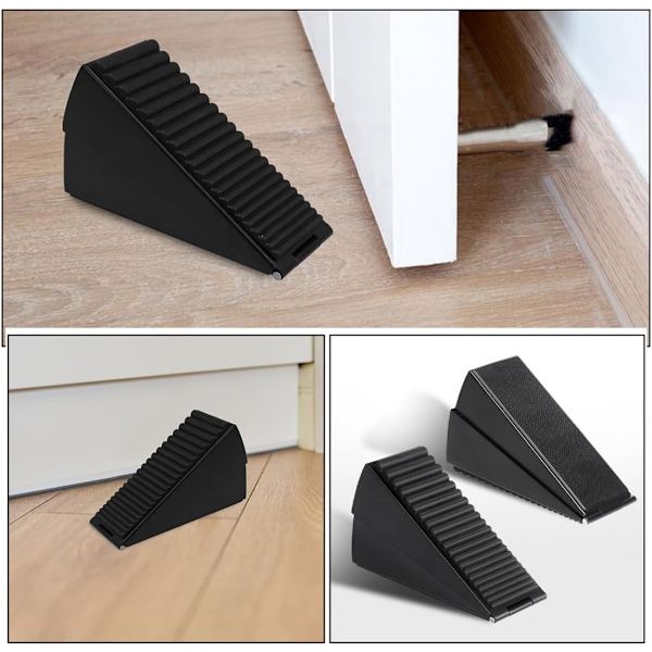 2 Dørstoppere - Gummidørkile, Dørstopper i Rustfrit Stål - 13*7.5*4.5 cm - Sort