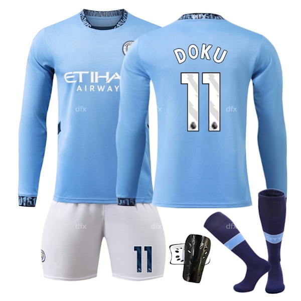 Manchester City Børne Hjemmestande 2024-2025 Efterår Og Vinter Nr. 11 Sokker + Beskytter 26 DOKU No 16 socks + Guard 26