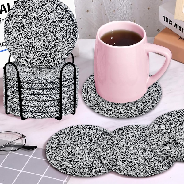 8 stk. Drikkeunderlag med Holder, Bomullsvevde Absorberende Underlag for Drikker, Minimalistisk Hjemmeinnredning Underlagssett for Trebordbeskyttelse Style 4