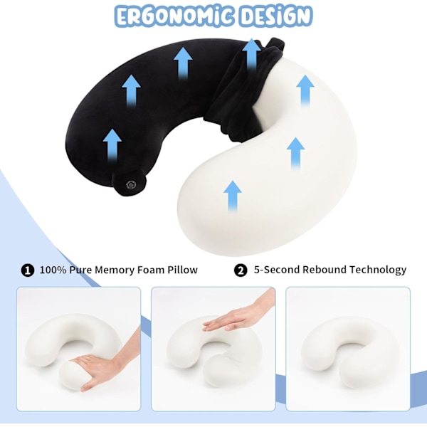Reisepute Nakkepute Memory Foam Reiseputer Hodestøttepute for Fly T tog Bil Kontor Reise Essensielle Flypute for en Lang Tid Svart Black Black One Size