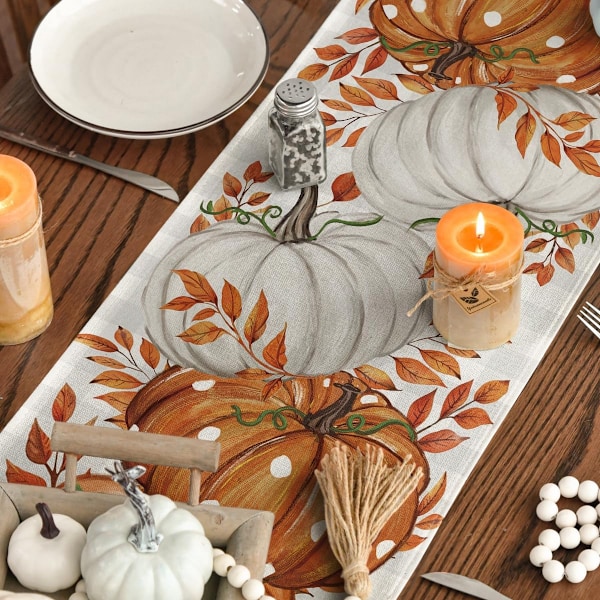 Oransje Gresskar, Eukalyptus Høst Bordløper, Høst Thanksgiving Kjøkken Spisebord Dekorasjon for Hjemmefest Dekor 13x72 Tommer Style 4