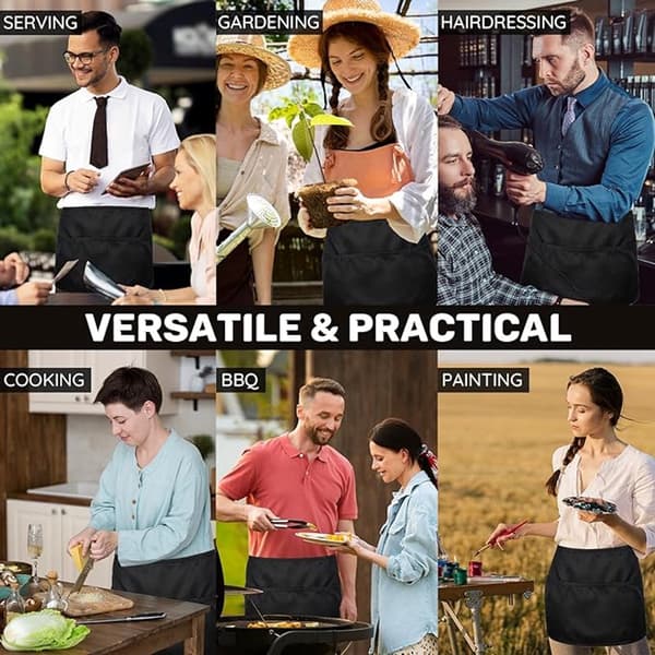 Midjeförkläden, justerbar polyester med 3 fickor, för kök, restauranger, kockar, serveringspersonal, matlagning och bakning, 3-pack, svart