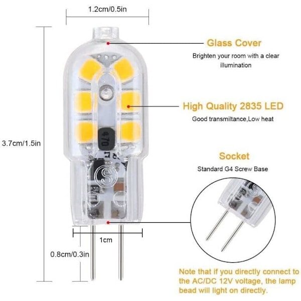 G4 LED-lamput – 5-pakkauksessa, lämmin valkoinen, 2W, välkkymätön, 360 asteen säteilykulma, korvaa 15W halogeenilamput, huurrettu pinta. transparent