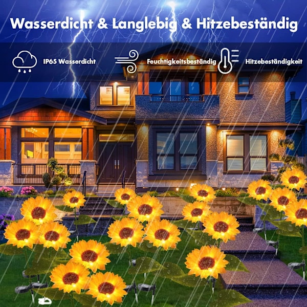 Sett med 2 solcellelamper for utendørs dekorasjon Blomster Hage - Vanntett - Solsikke for terrasse, plen [Energiklasse A++]