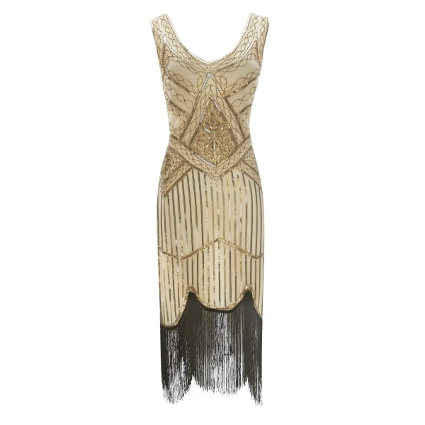 1920-talet Vintage Flapper Girls Gatsby Festklänning för kvinnor U-hals ärmlös paljett tofsar Klänningar med fläkt halsband Tillbehör Only dress BE M