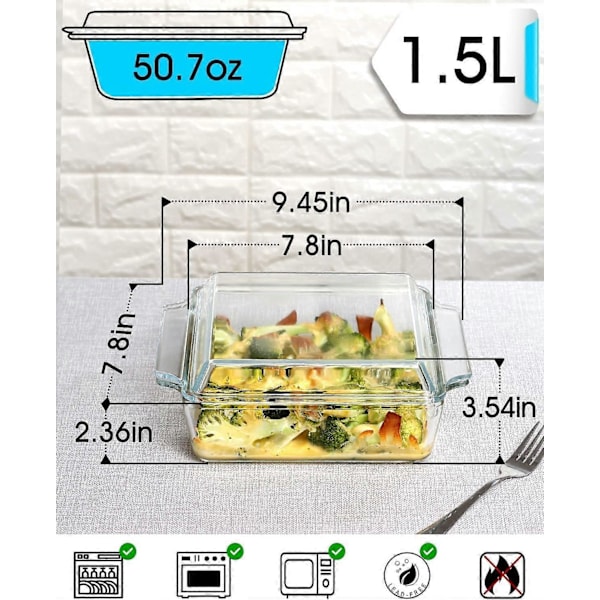 1,5L Liten Gryte med Lokk, 20,5x15,5x8,6cm Glassform med Lokk, Individuelle Firkantede Gryter, Mikrobølgeovn- og Ovnsikker