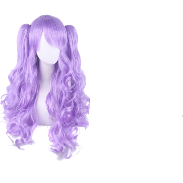Lolita Lång Lockig Clip-on Hästsvans Cosplay Peruk, Dubbel hästsvans tiger clip lång lockig peruk (Ljus Lila)