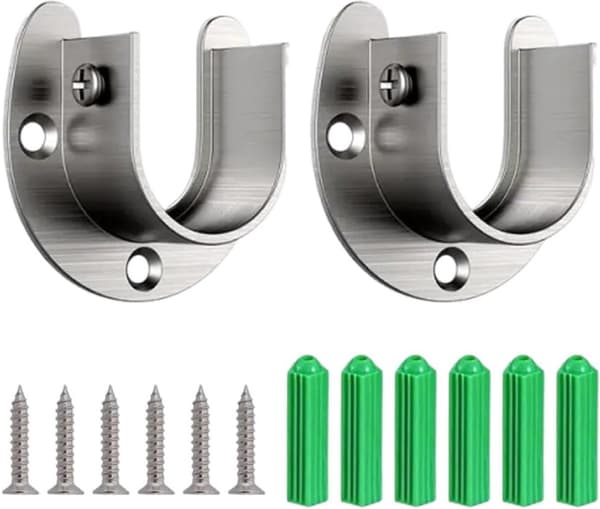 Gardinstangholdere i rustfritt stål, U-formede 3-hulls veggfester for skap- og garderobestenger, sølv, 32 mm, 2-pakning