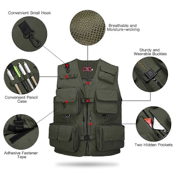 Fiskeväst för fotografering Sommar Multifickor Meshjackor Snabbtorkande Väst Armégrön Army green XXXL