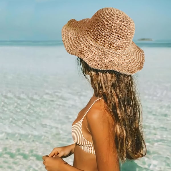 Stora, slappa strandhattar i halm för kvinnor, hopfällbar sommarhatt med brett brätte, packbar solhatt för damer, resehalm-fedora