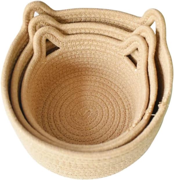 Vävda förvaringskorgar, 100 % bomullsrep, kattöronsdesign, set om 3 för barnkammare, sovrum och vardagsrum, brun, S/M/L