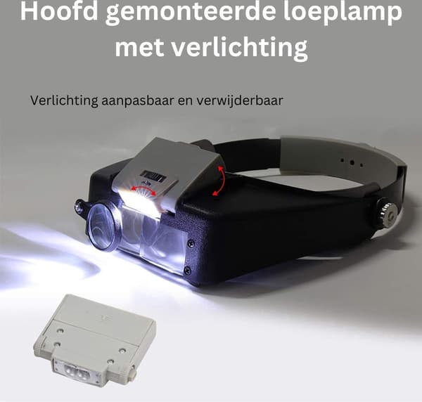 Pandebåndslup med LED-lys, flere linser 1,5X til 8X, til smykkereparation, læsning og hobbyer, sort