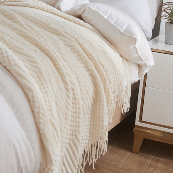 Kastfilt för soffa, hösttexturerad stickad filt med fransar, mysig vävd boho-sängfilt för soffa, säng, stol, akryl vågmönster 127x152 cm off-white