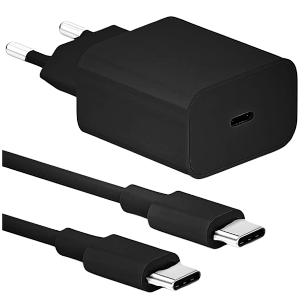 Snabbladdare 25W för Samsung USB-C med 2M USB C-kabel Svart USB-C-laddare + 2M-kabel