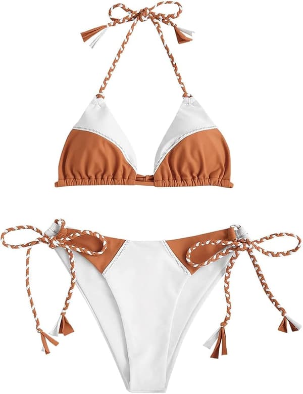 Triangelstringbikini badetøj til kvinder med høj skæring og bindebånd i siden, 2-delt badetøj