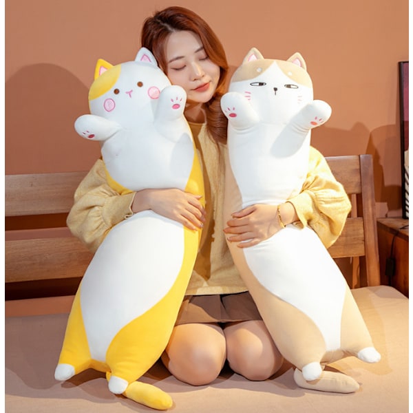 Sød kattebamse lang kropspude gul yellow 110CM
