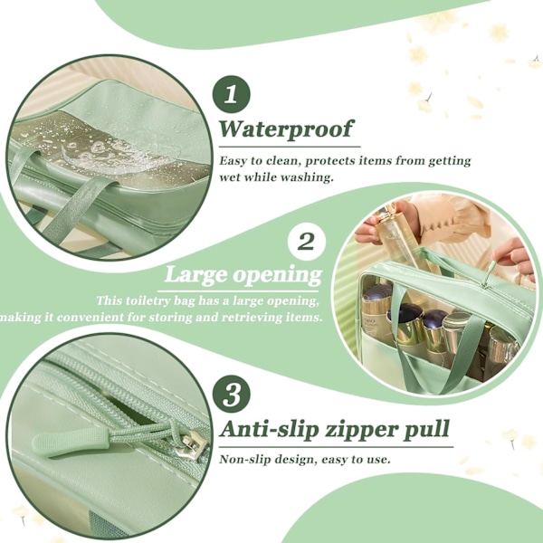 3 stk PVC Kosmetikkvesker med Håndtak Sett, Bærbar Transparent Reiseveske Vanntett Green
