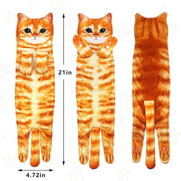Kat håndklæder, bløde superabsorberende hængende håndklæder til køkken og badeværelse, katteelskere, orange og sort, sæt med 2, 15 x 60 cm