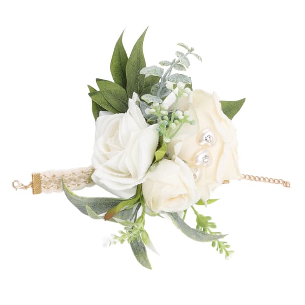 Håndledsblomster til bryllup, brud, håndledsblomst, dekorative hvide roser og grønne blade til bal 0.1
