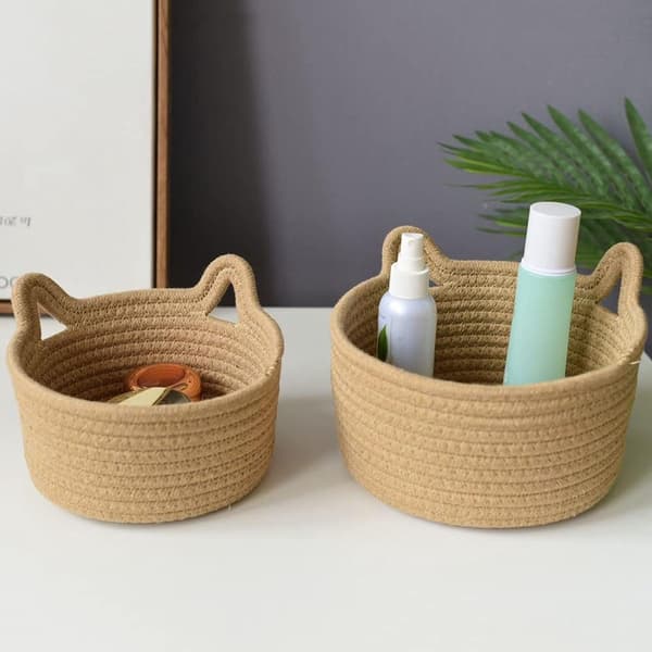 Vävda förvaringskorgar, 100 % bomullsrep, kattöronsdesign, set om 3 för barnkammare, sovrum och vardagsrum, brun, S/M/L