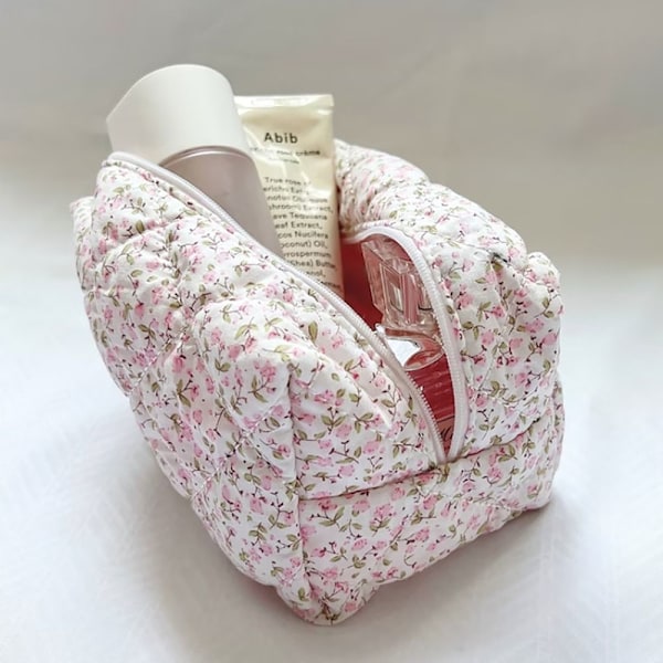 Floral Puffy Quilted Makeup Bag Large Travel Cosmetic Bag PINK