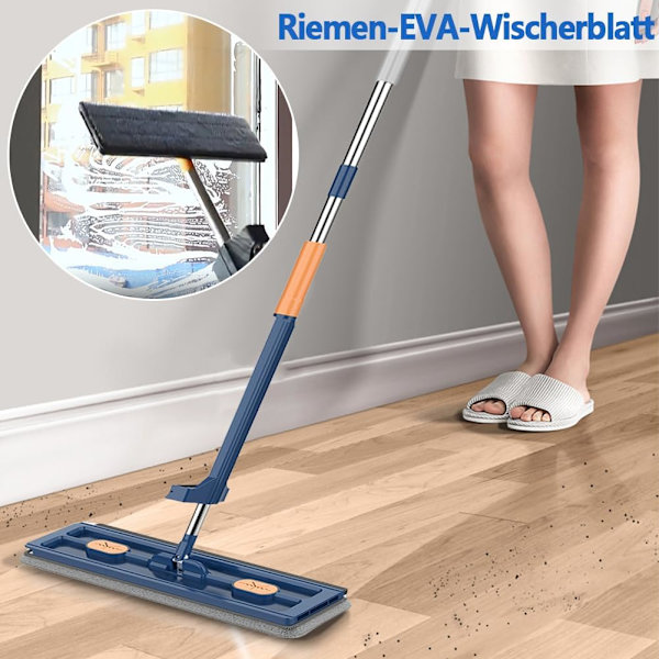 Stor flatmopp med 360° roterbar vrifunksjon, mikrofiberputer for hardtre Blue + 2 rags
