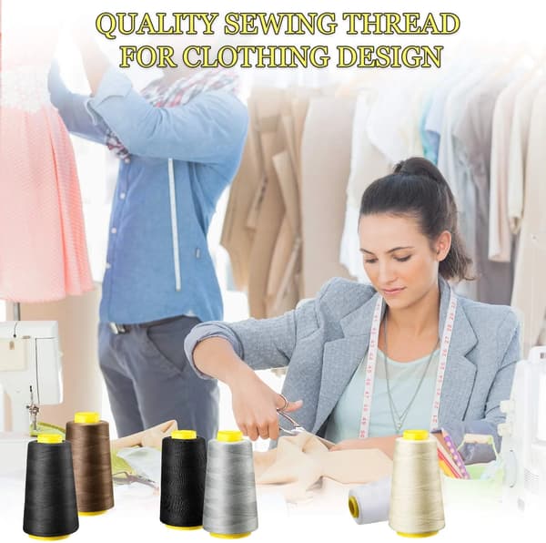 6 ruller polyester sergertrådskoner 3000 yards hver til syning Overlock quiltningsmaskiner Sort Hvid Beige Grå Mørk Kaffe