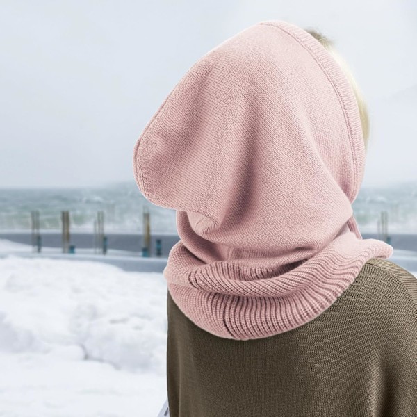 Naisten talvinen neulottu pipo - Lämmin huppu-huivipipo nyörillä 1 Pc Hooded Hat: A-Pink