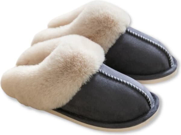 Tofflor Dam och Herr Fluffiga Öppna Tofflor med Plyschfoder Halkfri Sula - Antracit - Storlek 44/45