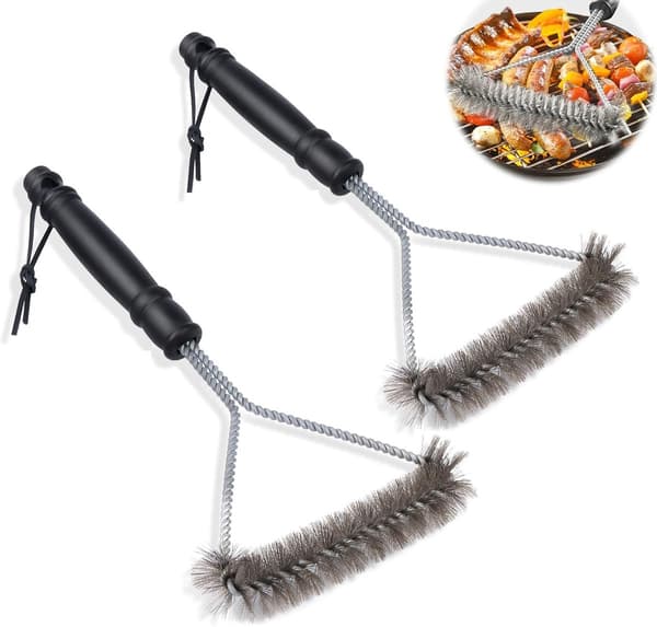 2 grillbørster i rustfrit stål - grillrenser med snor, risterenser, stålbørste, langt håndtag - sølv/sort