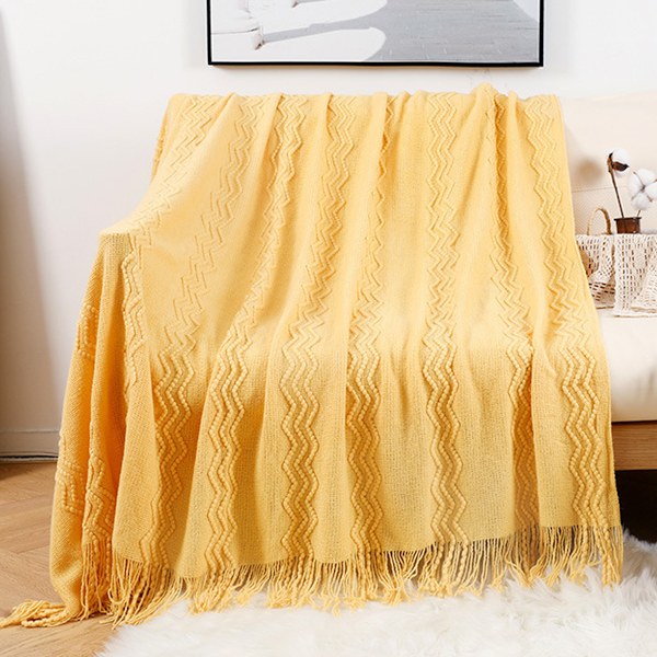 Kasteteppe for sofa Teksturert strikket Terrakotta Rustfarget teppe med frynser Koselig vevd landlig teppe for sofa seng stol Bølgemønster Høstdekorasjon yellow