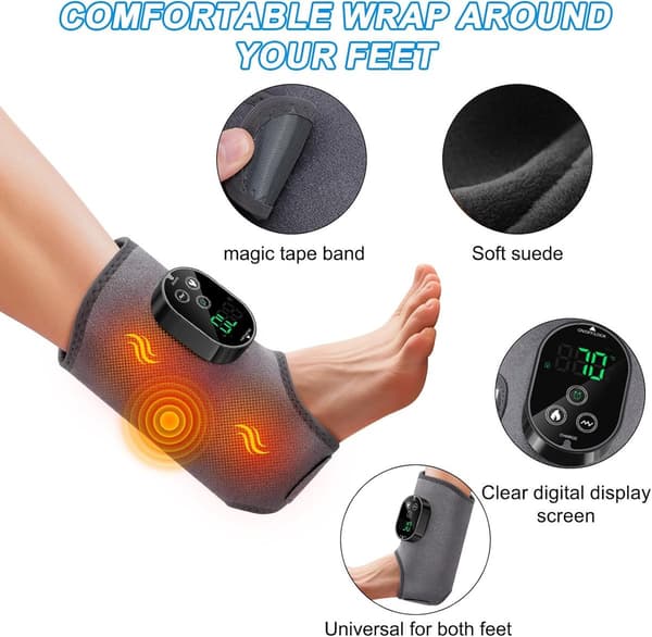 Fodmassager med varme og vibration, trådløs genopladelig kompressionsindpakning til smertelindring og cirkulation, grå
