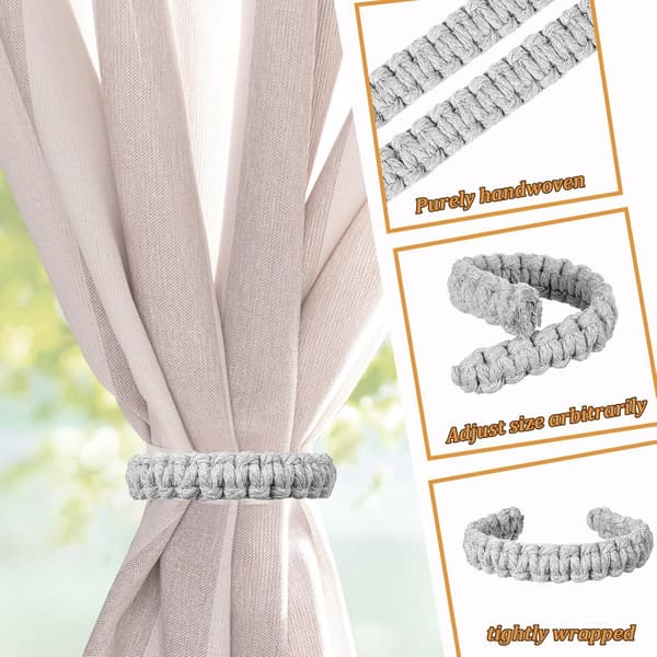 8 gardinhållare - flätade gardinband i jute, boho lantlig stil - för hem, sovrum - grå - 22*2 cm