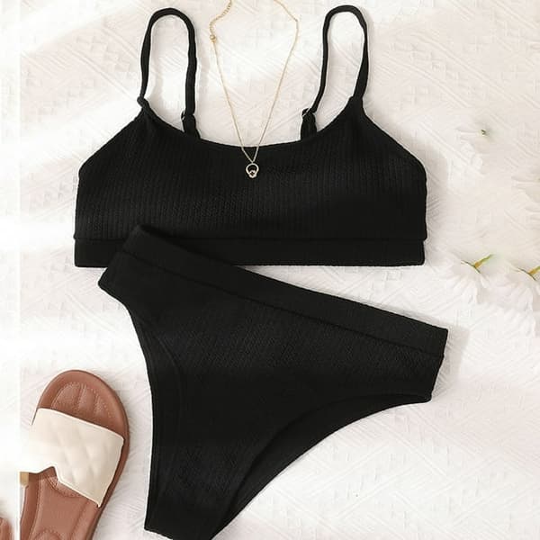 Kvinder Høj Talje Ribbet Cami Bikini Sæt Sort XL