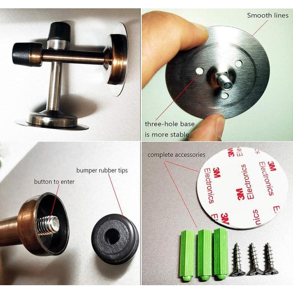 Ingen boring/skrue i vegg dørstopper, 3M selvklebende tape Rustfritt stål dørstopper 2 stk
