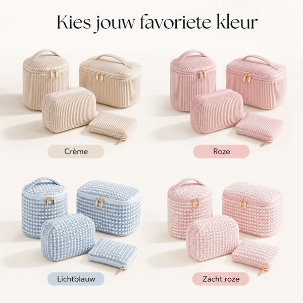 Makeuptaske sæt, 4-delt fløjl kosmetikorganizer med lynlåsposer, rejsetoilettasker til kvinder, stor kapacitet, beige