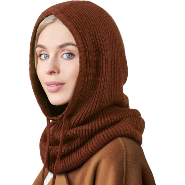 Naisten talvinen neulottu pipo - Lämmin huppu-huivipipo nyörillä 1 Pc Hooded Hat: Caramel