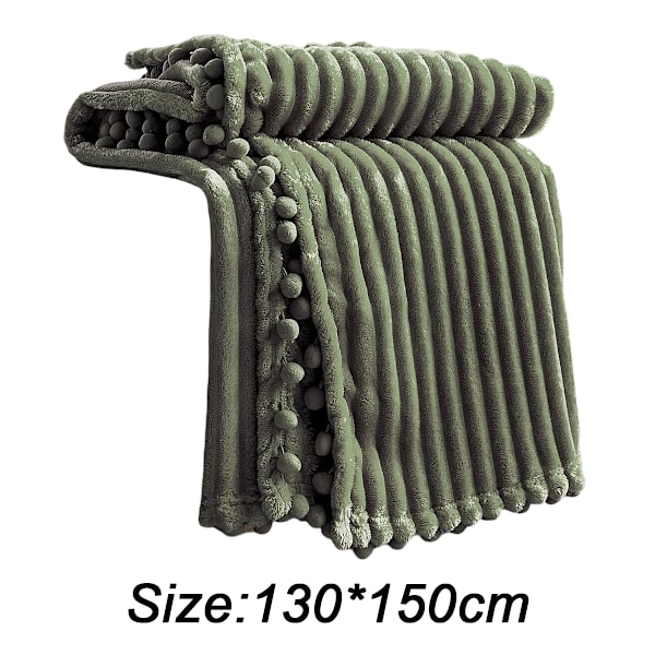 Flanellteppe med Pompon-Kant Lett og Koselig Sengeteppe Myk Plaid Passer Sofa Egnet for Alle Årstider (51x63) Trekking green