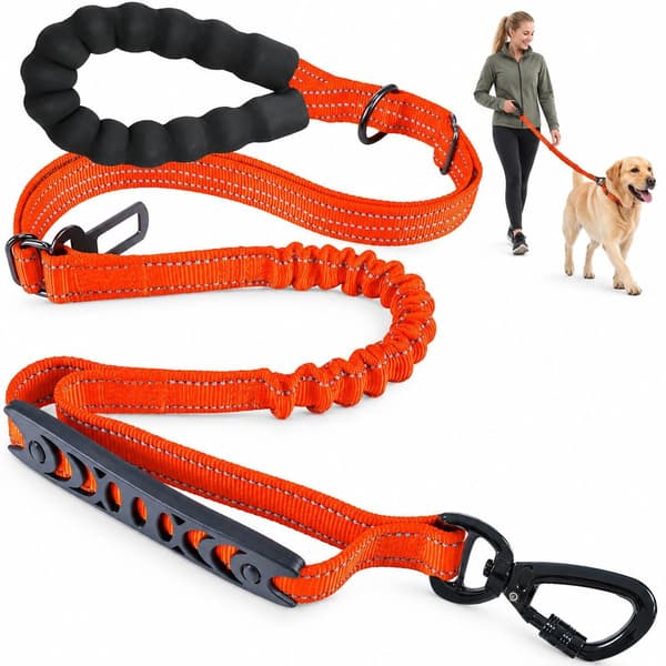 Hundetrenerbånd, elastisk støtdempende og flokefri, 1,9 m, for store hunder opp til 49,9 kg, oransje