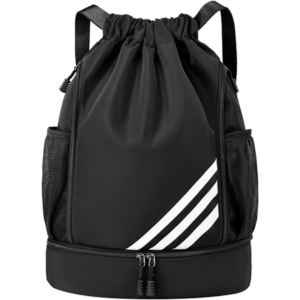 Vanntett snøreveske for barn og voksne, stor snøre gymveske, sport snøre gymsekk, unisex PE-veske med skolomme Black