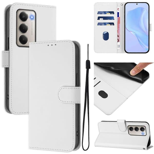 Xiaomi Redmi 15 5G Cover - Solid Color Leather Wallet Case with Strap, Stand Function Protective Phone Case White White White