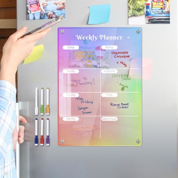 Holografisk akryl Magnetisk veckokalender för kylskåp Clear Dry Erase Board Memo Board Återanvändbar anteckningstavla Måltidsplanerare med 6 markörer för