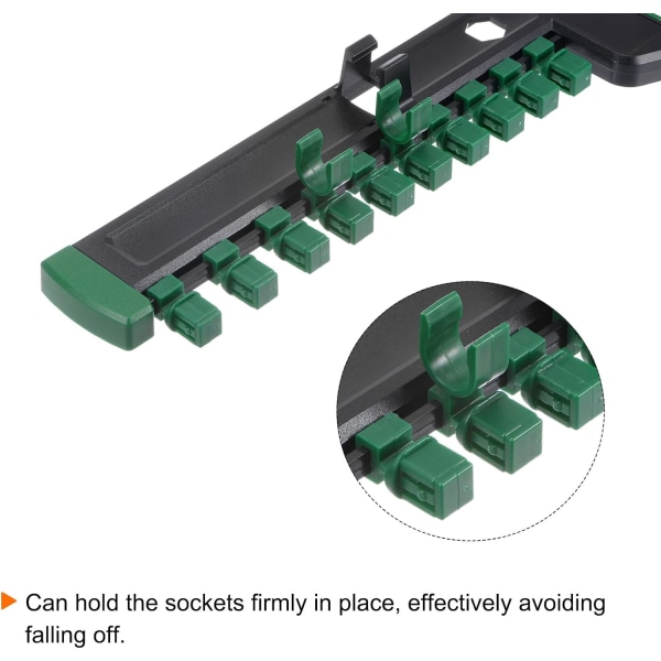 Socket organizer 1/2 tum drive x 12 clips ABS-plast Seautable ABS plast sockets clip rail holder, green